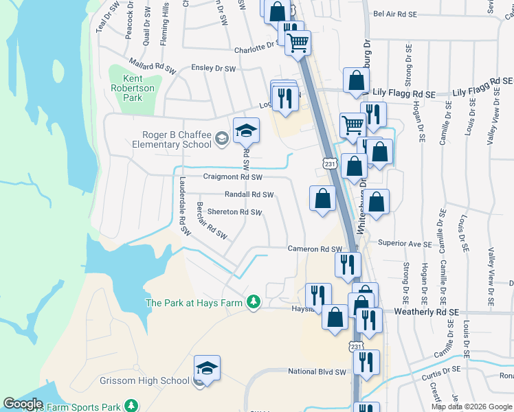 map of restaurants, bars, coffee shops, grocery stores, and more near 9009 Shereton Road Southwest in Huntsville