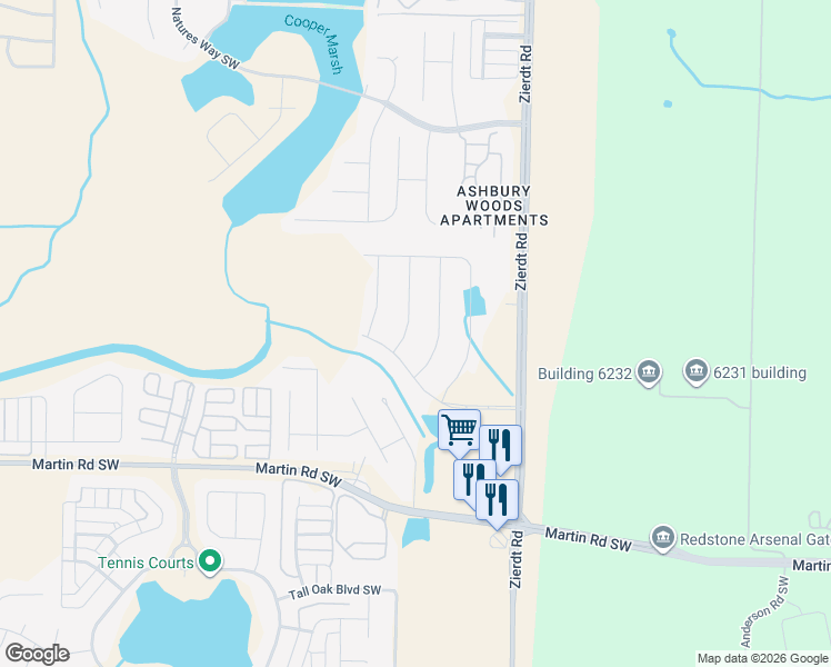 map of restaurants, bars, coffee shops, grocery stores, and more near 2396 Zierdt Road in Huntsville