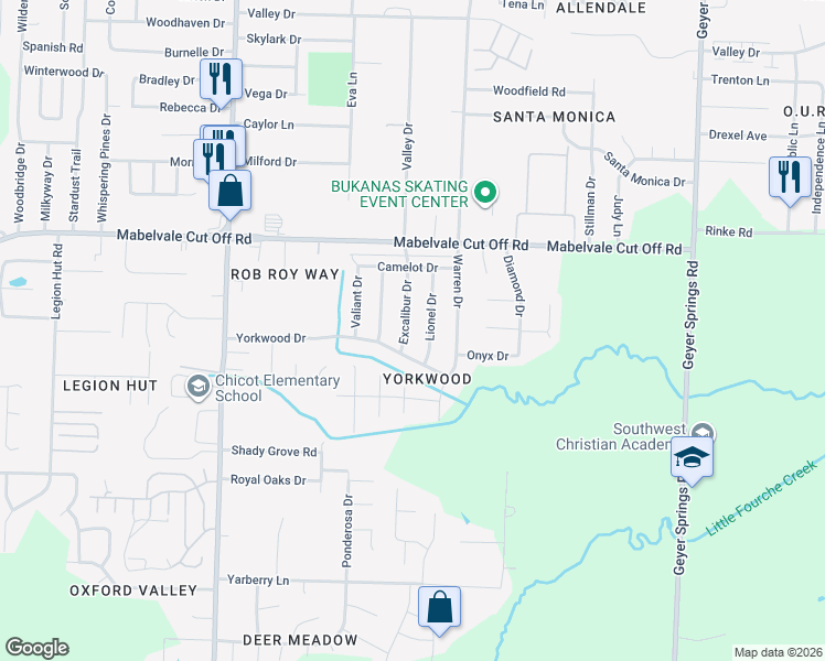 map of restaurants, bars, coffee shops, grocery stores, and more near 7012 Yorkwood Drive in Little Rock