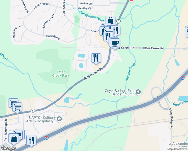 map of restaurants, bars, coffee shops, grocery stores, and more near 11004 Stagecoach Road in Little Rock