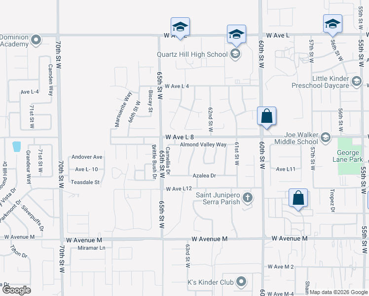 map of restaurants, bars, coffee shops, grocery stores, and more near 42350 Encanto Way in Quartz Hill