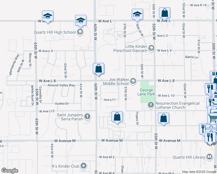 map of restaurants, bars, coffee shops, grocery stores, and more near 5840 Almond Valley Way in Lancaster