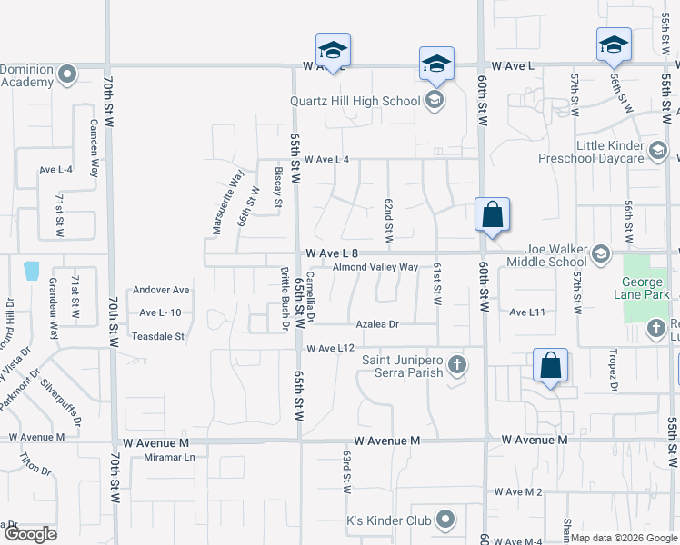 map of restaurants, bars, coffee shops, grocery stores, and more near 42350 Encanto Way in Quartz Hill