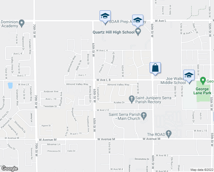 map of restaurants, bars, coffee shops, grocery stores, and more near 42350 Encanto Way in Quartz Hill