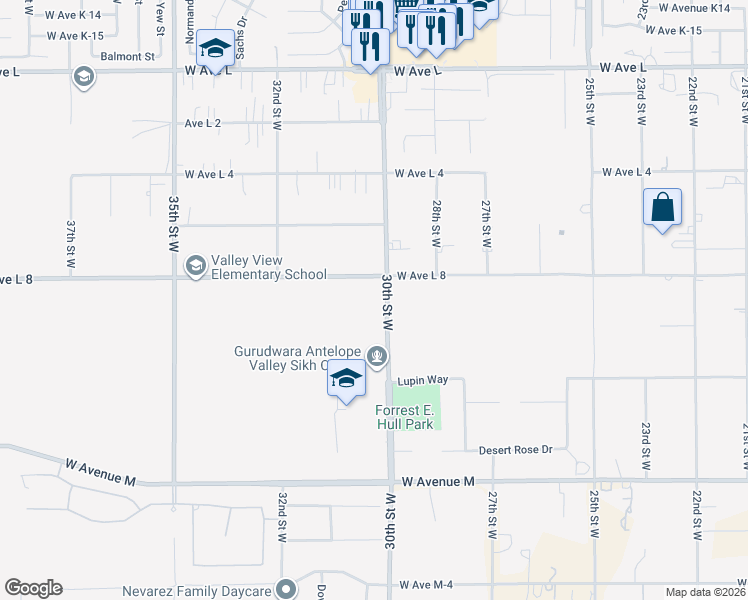 map of restaurants, bars, coffee shops, grocery stores, and more near 30 West Avenue L in Lancaster