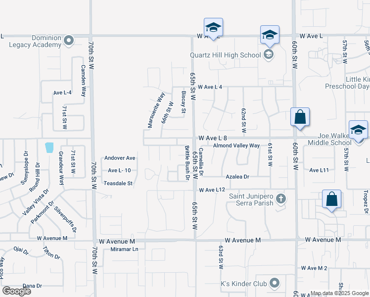 map of restaurants, bars, coffee shops, grocery stores, and more near 6540 Smoketree Circle in Lancaster