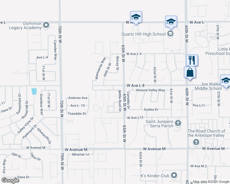 map of restaurants, bars, coffee shops, grocery stores, and more near 6534 Almond Valley Way in Lancaster