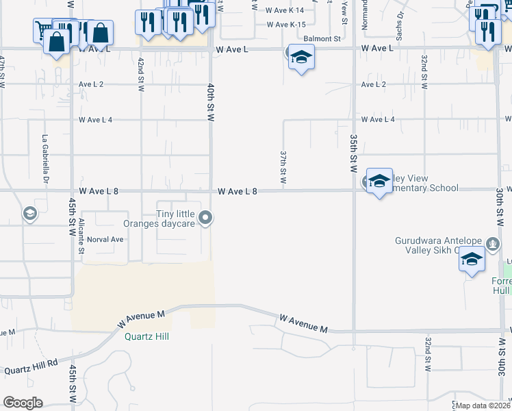 map of restaurants, bars, coffee shops, grocery stores, and more near 3830 West Avenue L8 in Lancaster