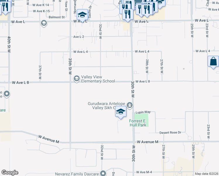 map of restaurants, bars, coffee shops, grocery stores, and more near 2 West Avenue L8 in Lancaster