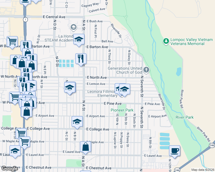 map of restaurants, bars, coffee shops, grocery stores, and more near 1016 East Lemon Avenue in Lompoc