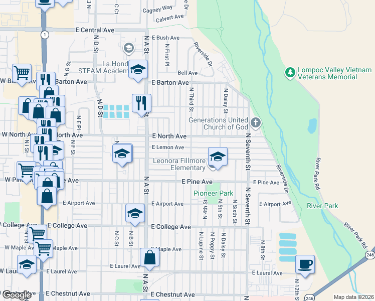 map of restaurants, bars, coffee shops, grocery stores, and more near 1016 East Lemon Avenue in Lompoc