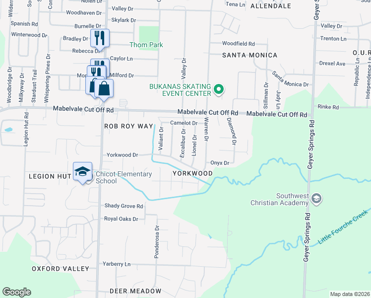 map of restaurants, bars, coffee shops, grocery stores, and more near 10708 Excalibur Drive in Little Rock
