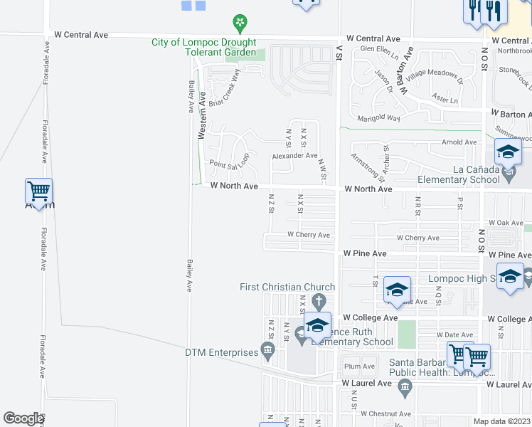 map of restaurants, bars, coffee shops, grocery stores, and more near 901 North Z Street in Lompoc