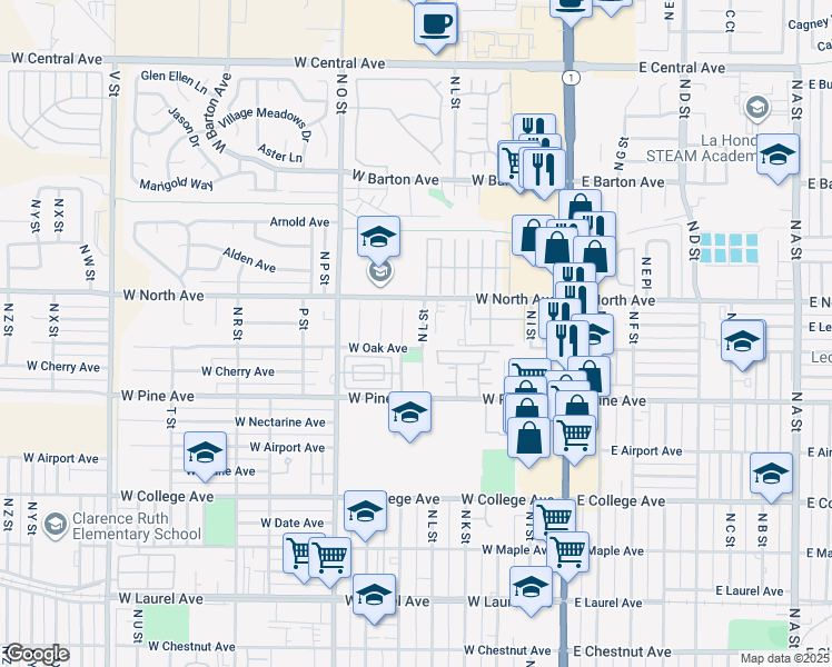 map of restaurants, bars, coffee shops, grocery stores, and more near 905 North L Street in Lompoc