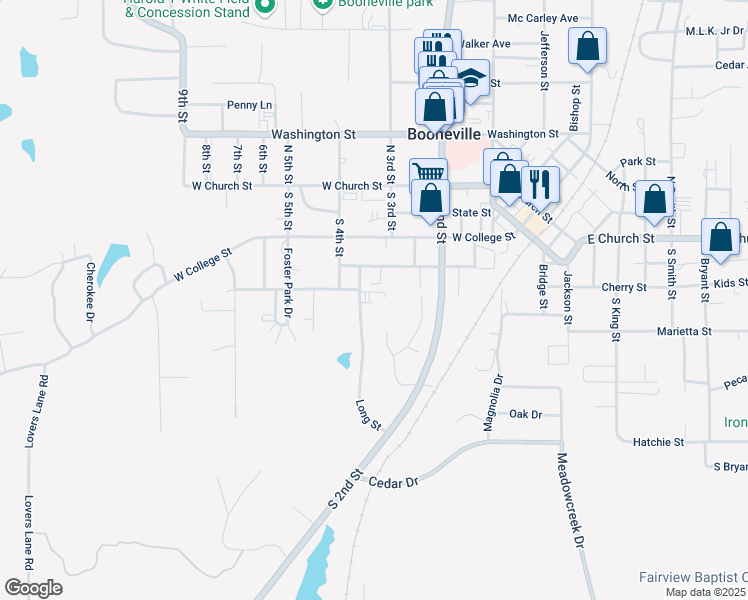 map of restaurants, bars, coffee shops, grocery stores, and more near 100-198 Comer Drive in Booneville