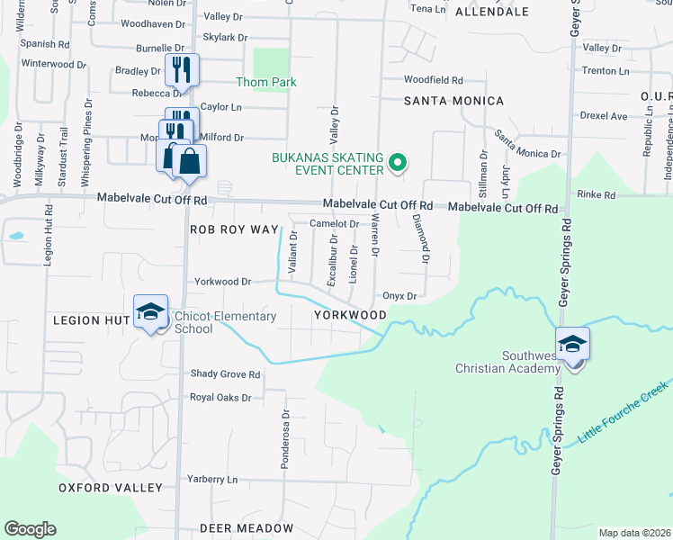 map of restaurants, bars, coffee shops, grocery stores, and more near 10708 Excalibur Drive in Little Rock