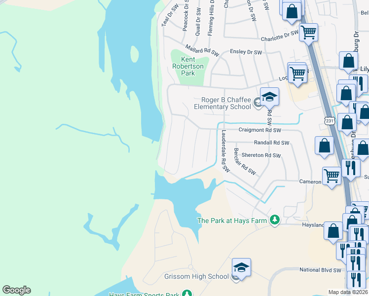 map of restaurants, bars, coffee shops, grocery stores, and more near 7510 Clubfield Drive Southwest in Huntsville