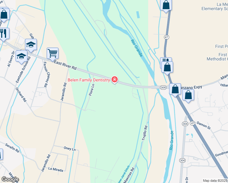 map of restaurants, bars, coffee shops, grocery stores, and more near 1501 East River Road in Belen