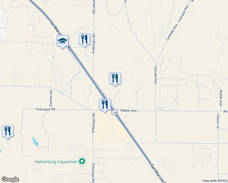 map of restaurants, bars, coffee shops, grocery stores, and more near 2370 North Refugio Road in Santa Ynez
