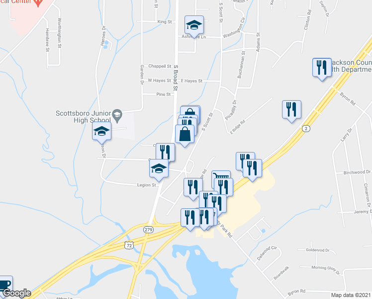 map of restaurants, bars, coffee shops, grocery stores, and more near 1601 South Broad Street in Scottsboro