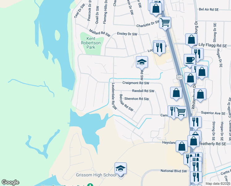 map of restaurants, bars, coffee shops, grocery stores, and more near 8007 Lauderdale Road Southwest in Huntsville