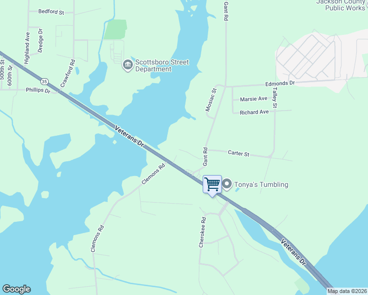 map of restaurants, bars, coffee shops, grocery stores, and more near 2805 Woodhaven Street in Scottsboro