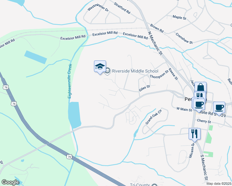 map of restaurants, bars, coffee shops, grocery stores, and more near 15 Riverside Street in Pendleton