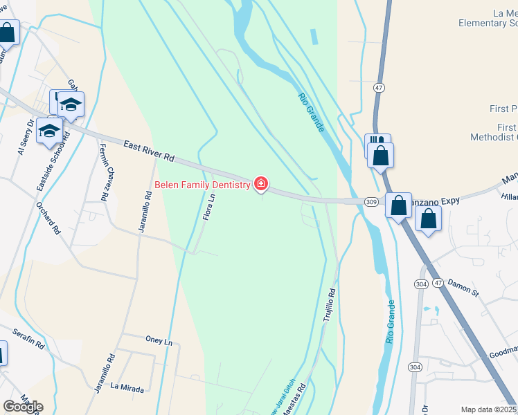 map of restaurants, bars, coffee shops, grocery stores, and more near 1501 East River Road in Belen