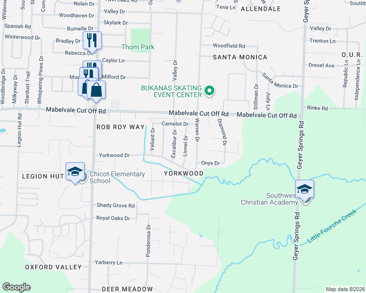 map of restaurants, bars, coffee shops, grocery stores, and more near 10701 Lionel Drive in Little Rock