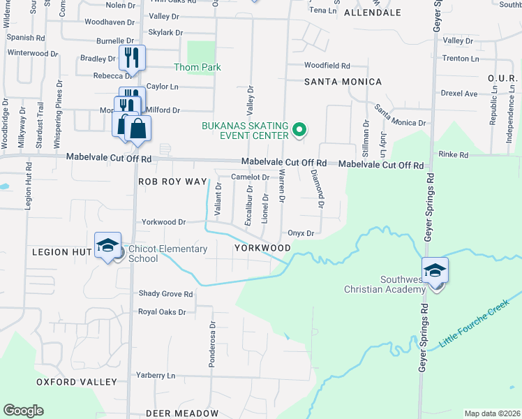 map of restaurants, bars, coffee shops, grocery stores, and more near 10701 Lionel Drive in Little Rock