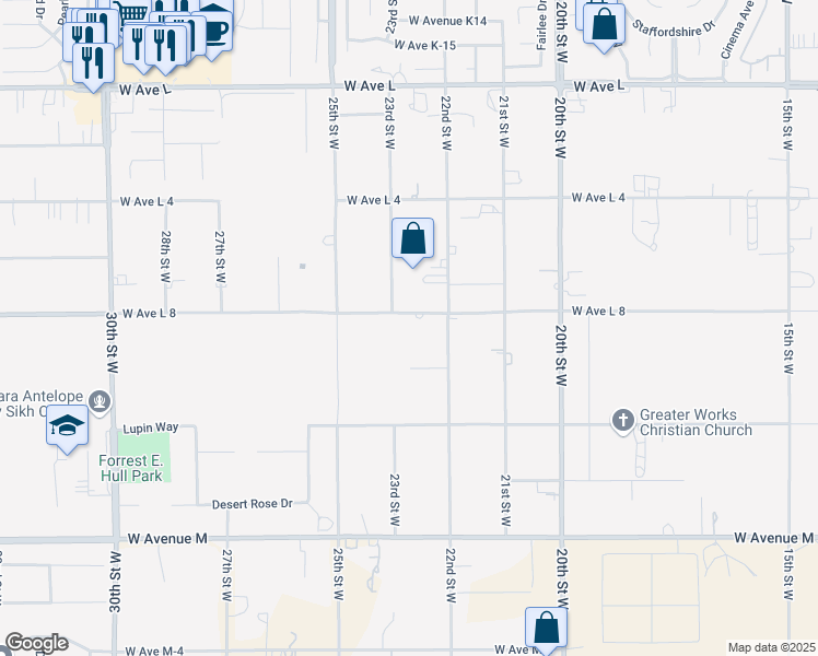 map of restaurants, bars, coffee shops, grocery stores, and more near 2 West Avenue L 8 in Lancaster