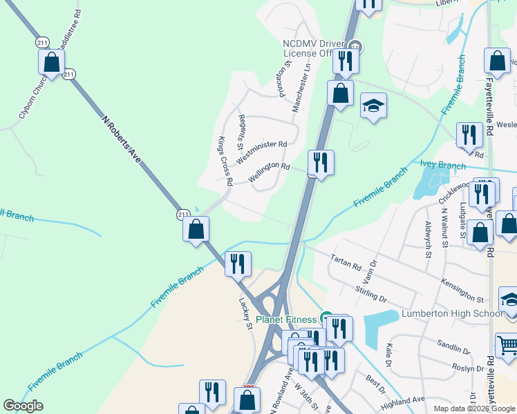 map of restaurants, bars, coffee shops, grocery stores, and more near 3740 Berkley Lane in Lumberton