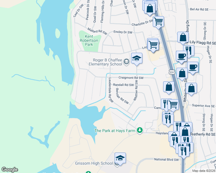map of restaurants, bars, coffee shops, grocery stores, and more near 7503 Craigmont Circle Southwest in Huntsville