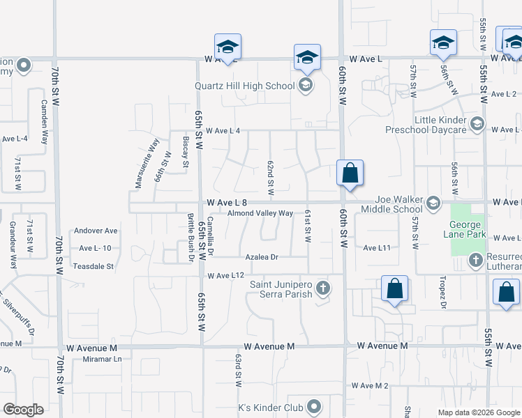 map of restaurants, bars, coffee shops, grocery stores, and more near 6231 Almond Valley Way in Quartz Hill