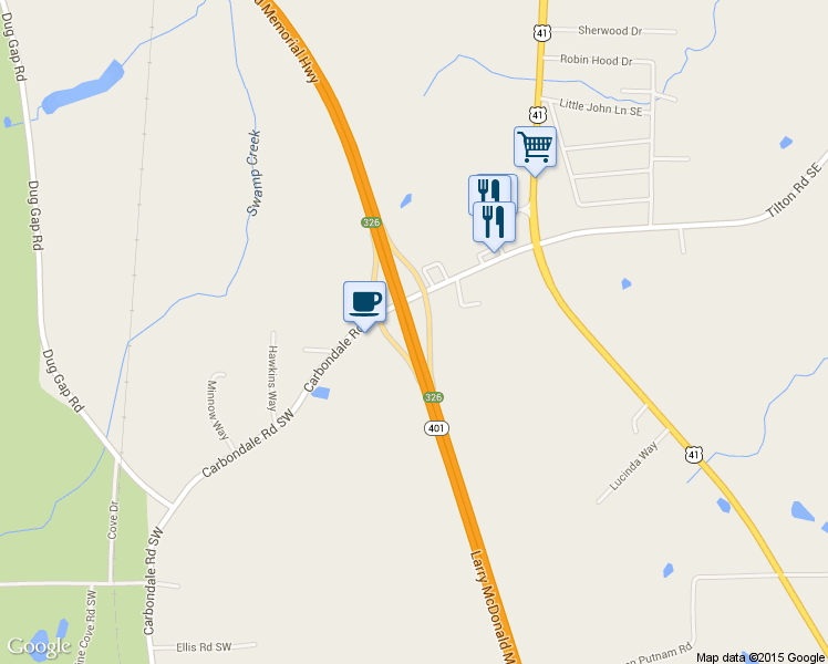 map of restaurants, bars, coffee shops, grocery stores, and more near Larry McDonald Memorial Hwy in Dalton
