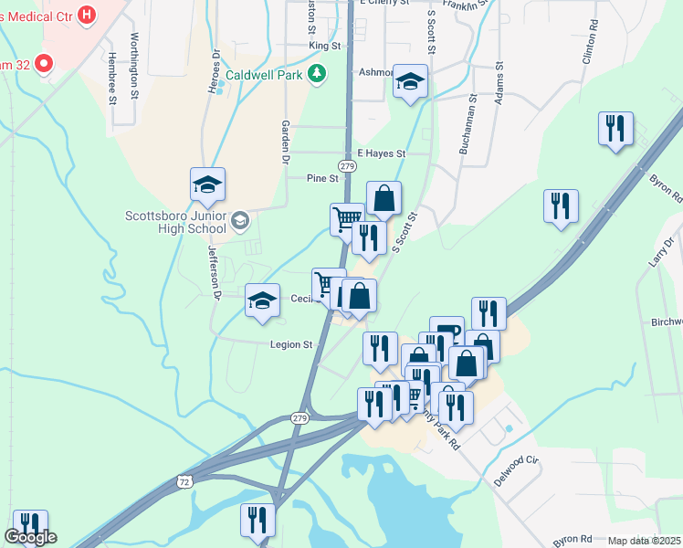 map of restaurants, bars, coffee shops, grocery stores, and more near 1601 South Broad Street in Scottsboro