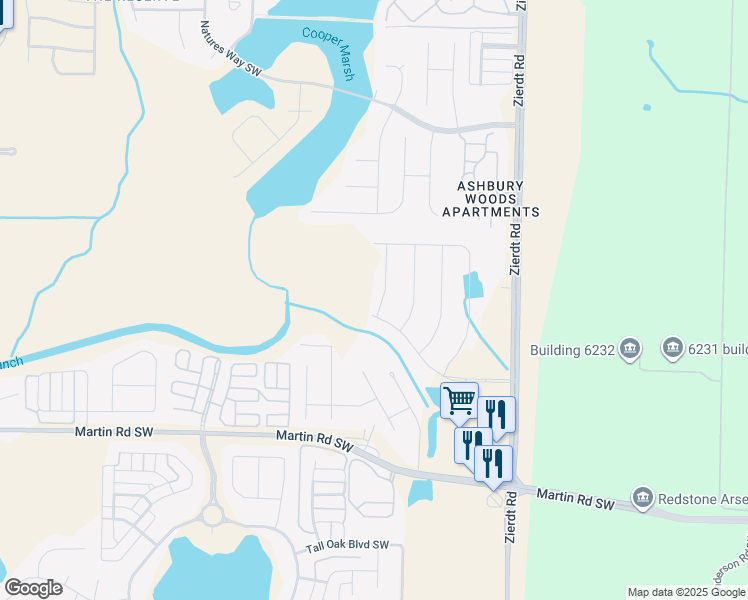 map of restaurants, bars, coffee shops, grocery stores, and more near 133 Misty River Lane Southwest in Huntsville