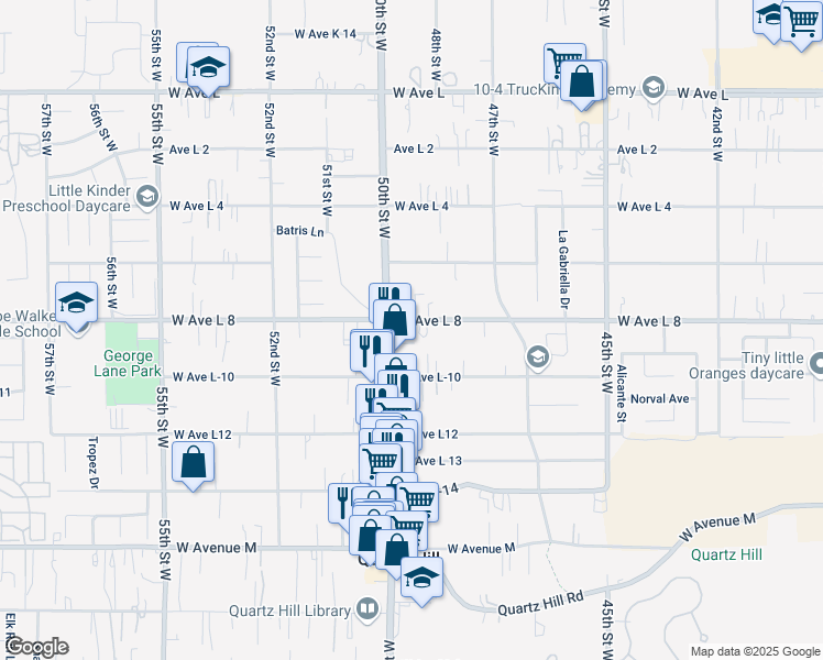 map of restaurants, bars, coffee shops, grocery stores, and more near 4840 West Avenue L8 in Lancaster