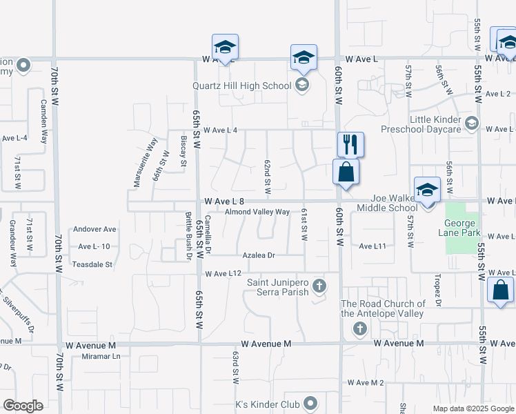 map of restaurants, bars, coffee shops, grocery stores, and more near 6231 Almond Valley Way in Quartz Hill