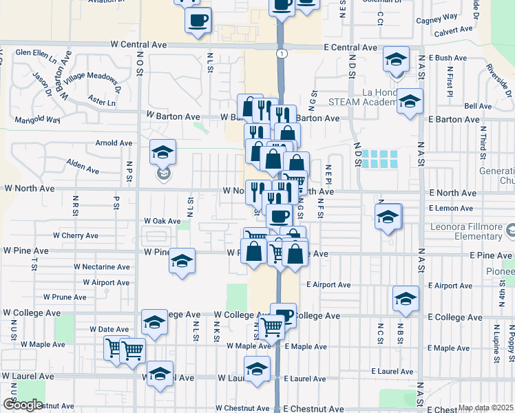 map of restaurants, bars, coffee shops, grocery stores, and more near 937 North H Street in Lompoc