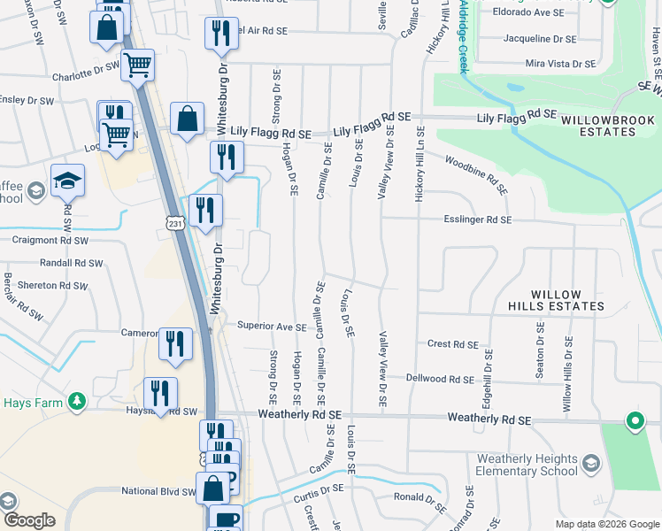 map of restaurants, bars, coffee shops, grocery stores, and more near 8604 Louis Dr SE in Huntsville