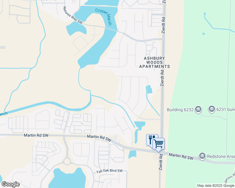 map of restaurants, bars, coffee shops, grocery stores, and more near 133 Misty River Lane Southwest in Huntsville