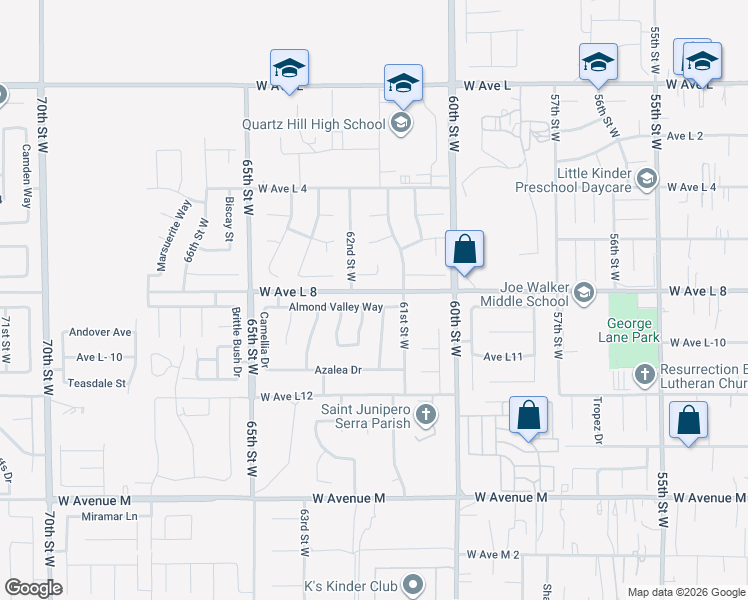 map of restaurants, bars, coffee shops, grocery stores, and more near 42401 61st Street West in Quartz Hill
