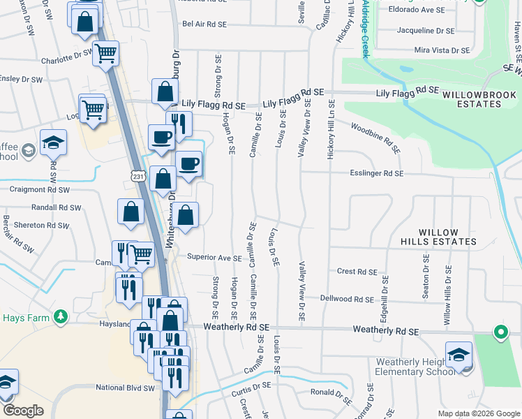 map of restaurants, bars, coffee shops, grocery stores, and more near 8604 Louis Drive Southeast in Huntsville
