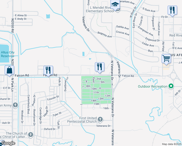 map of restaurants, bars, coffee shops, grocery stores, and more near 2219 Falcon Road in Altus