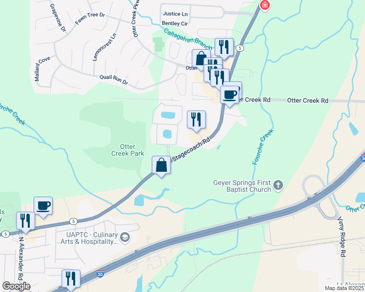 map of restaurants, bars, coffee shops, grocery stores, and more near 11004 Stagecoach Road in Little Rock