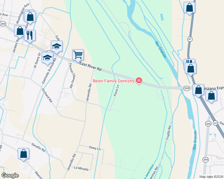 map of restaurants, bars, coffee shops, grocery stores, and more near 1243 East River Road in Belen