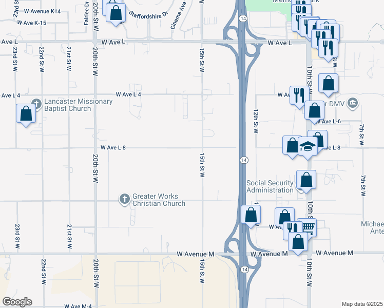 map of restaurants, bars, coffee shops, grocery stores, and more near 1522 West Avenue L8 in Lancaster