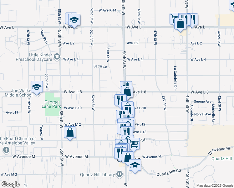 map of restaurants, bars, coffee shops, grocery stores, and more near 5026 West Avenue L8 in Quartz Hill