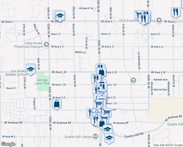 map of restaurants, bars, coffee shops, grocery stores, and more near 5026 West Avenue L8 in Quartz Hill